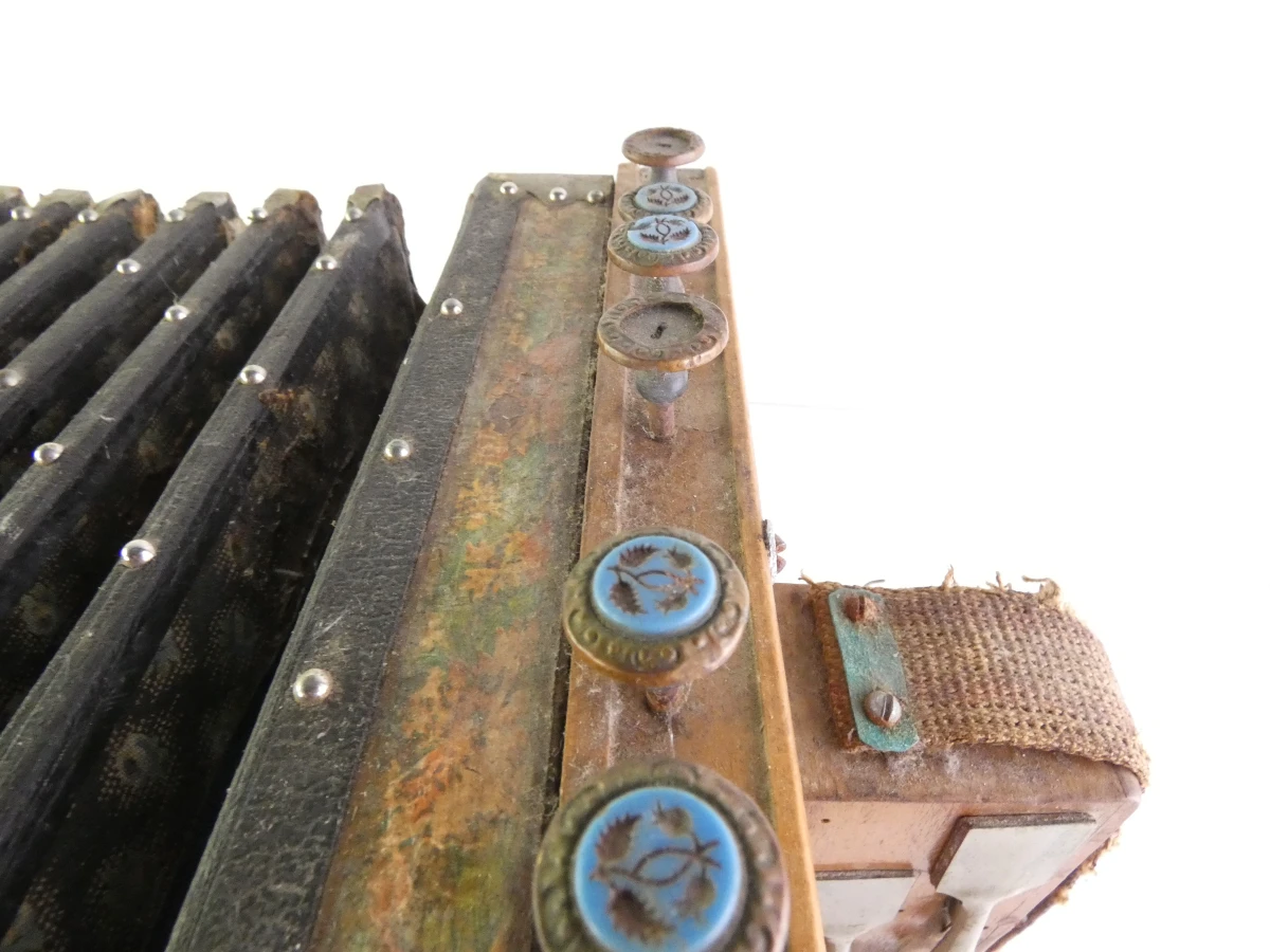 Vintage accordeon met knoppen en leren balg