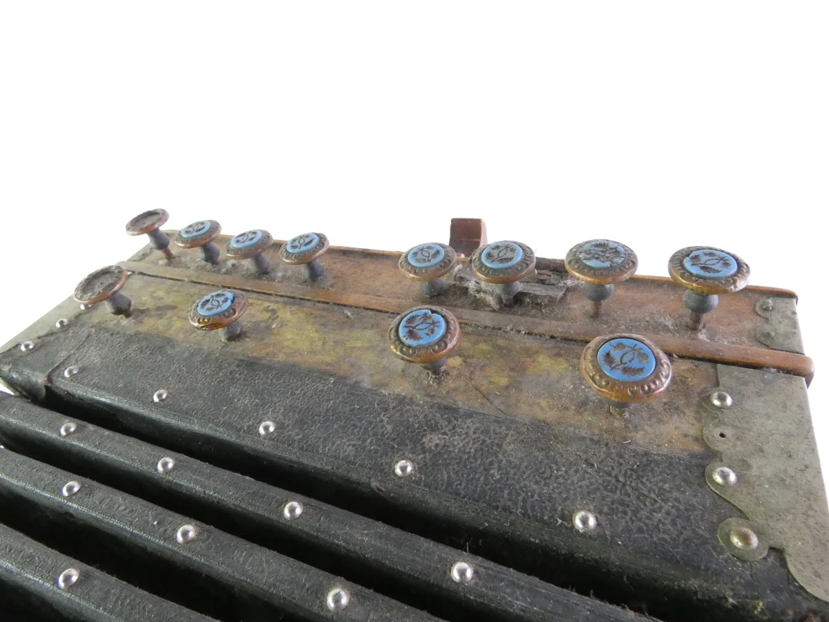 Vintage accordeon met knoppen en leren balg