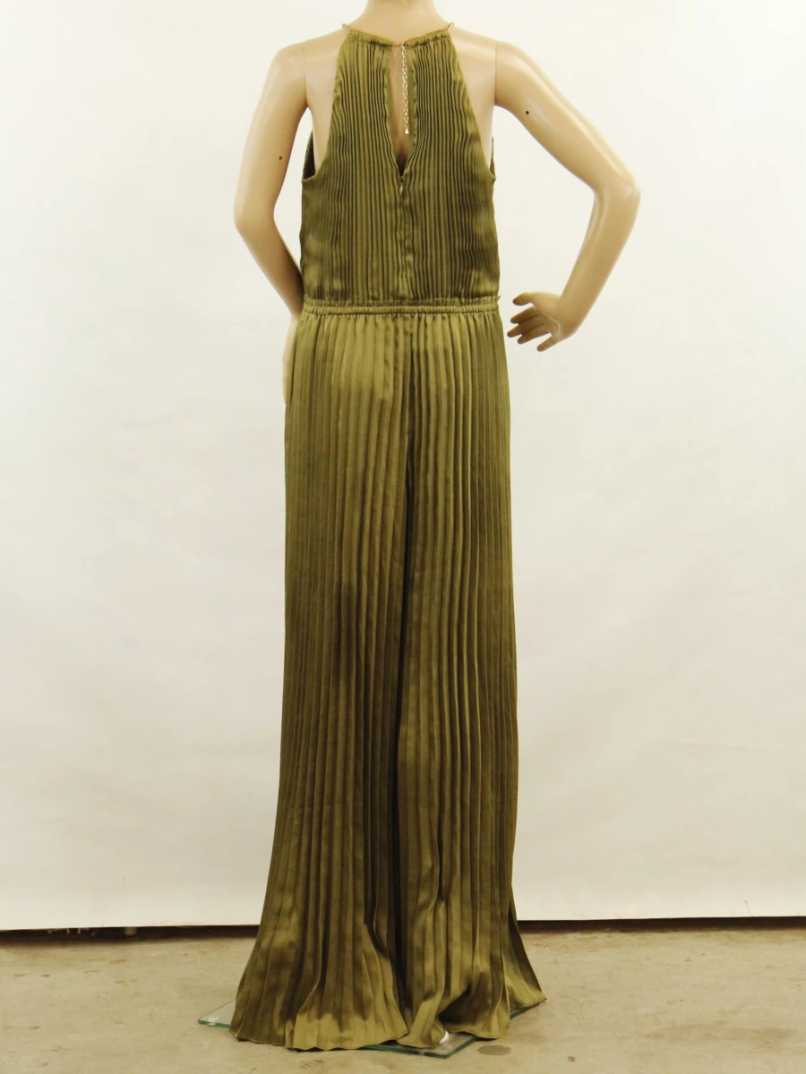 Michael Kors olijfgroene jumpsuit met pliséeffect en details in goudkleurig metaal