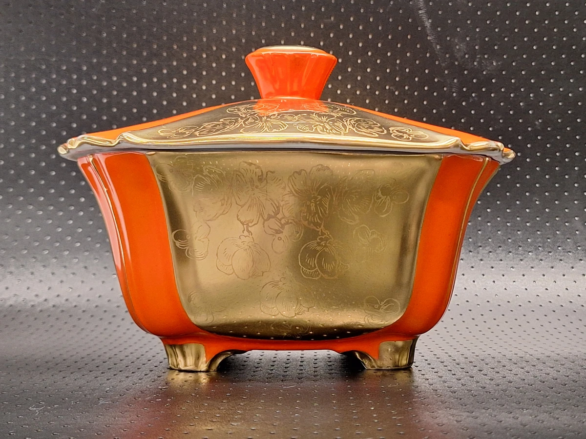 Vintage porseleinen dekschaal - handbeschilderd in oranje en goud - foto 2
