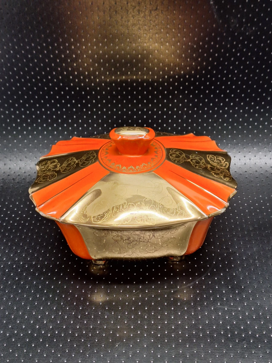 Vintage porseleinen dekschaal - handbeschilderd in oranje en goud - foto 3