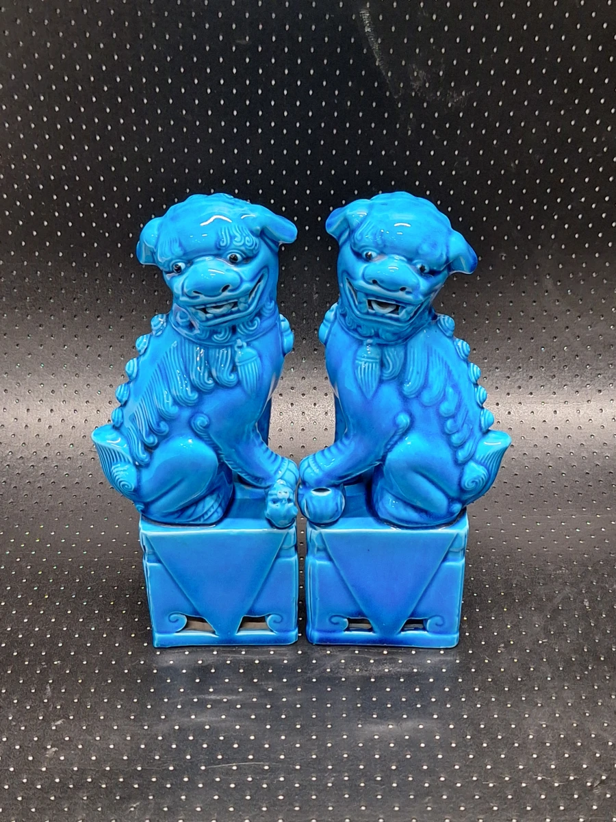 Paar vintage Chinese Foo Dogs - turquoise keramiek met craqueléglazuur - foto 2