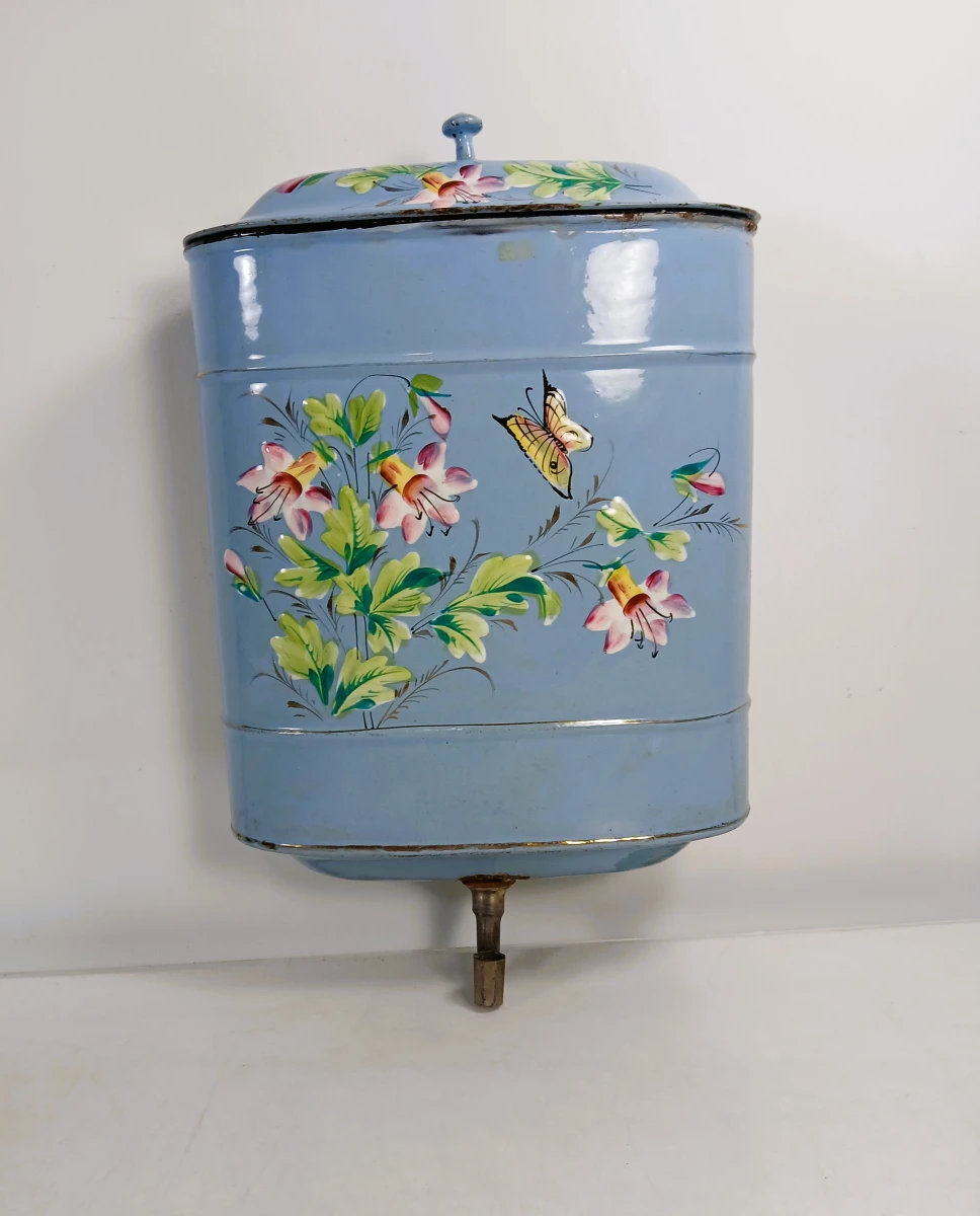 Blauw metalen vintage waterreservoir met bloemenmotief - foto 2