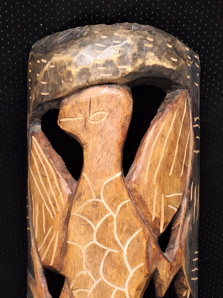 Handgesneden Afrikaans wandmasker met gestileerde vogel - hout - foto 5