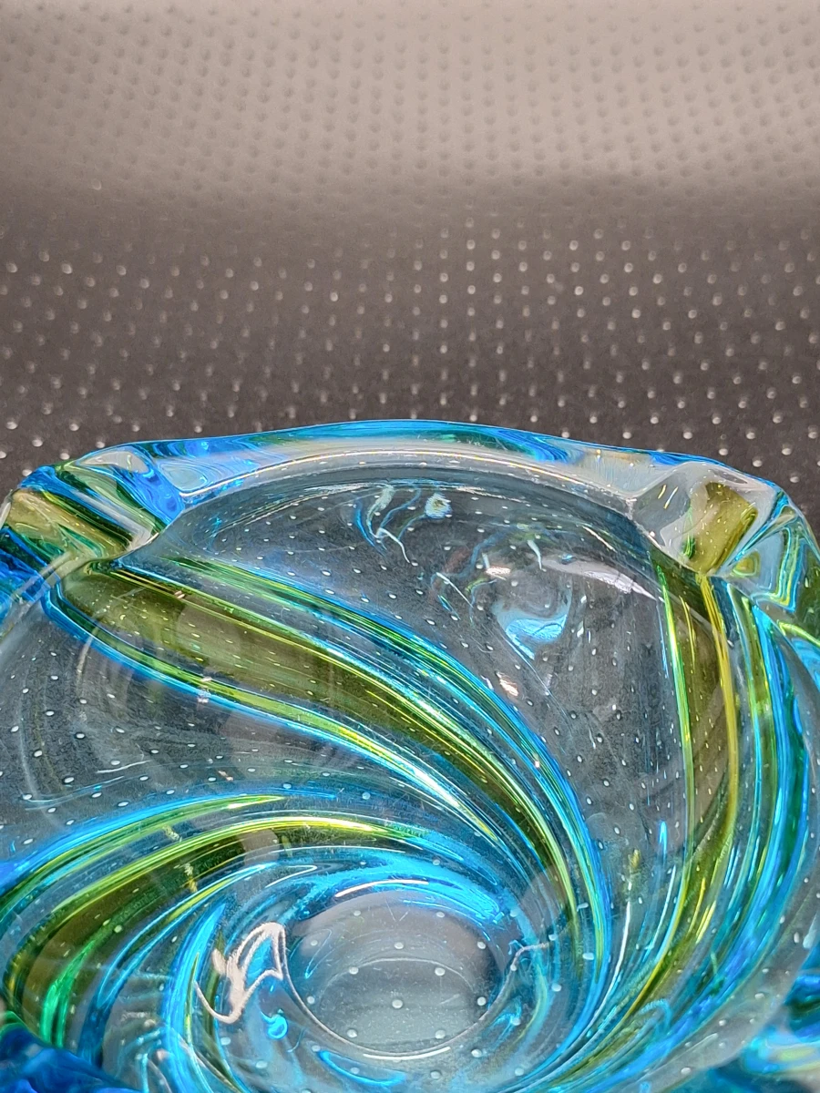 Vintage glazen asbak in Murano-stijl met blauw-groene swirl - foto 8