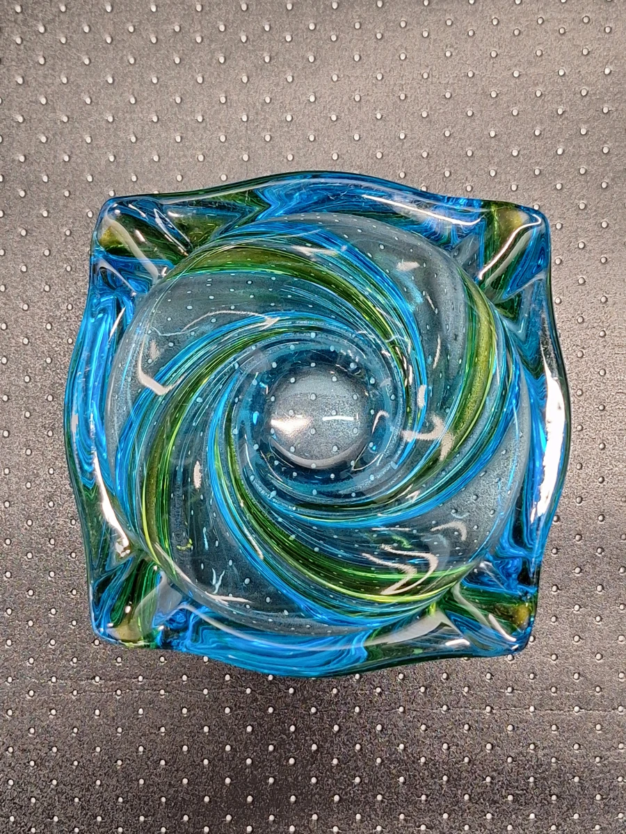 Vintage glazen asbak in Murano-stijl met blauw-groene swirl - foto 5