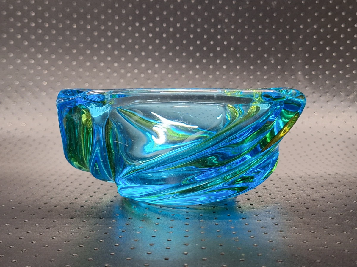 Vintage glazen asbak in Murano-stijl met blauw-groene swirl - foto 2