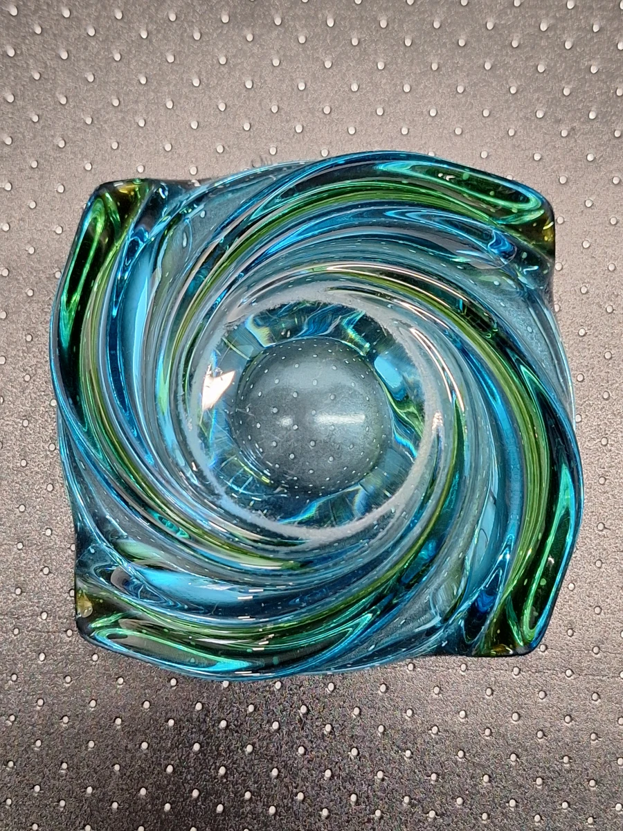 Vintage glazen asbak in Murano-stijl met blauw-groene swirl - foto 7