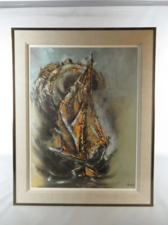 Abstracte print van zeilboot in lijst