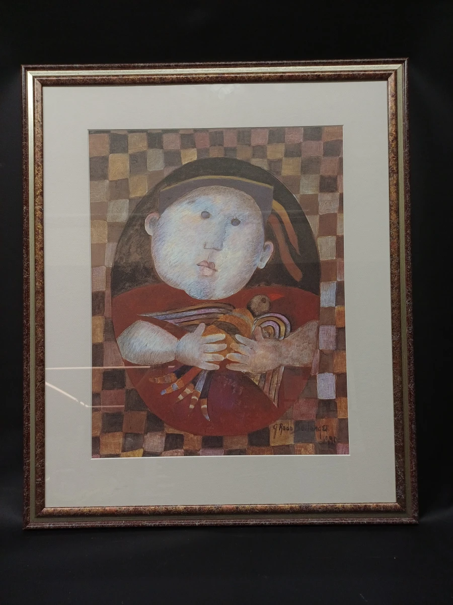 Lithografie 'Jongen en vogel' door G. Rodo Boulanger
