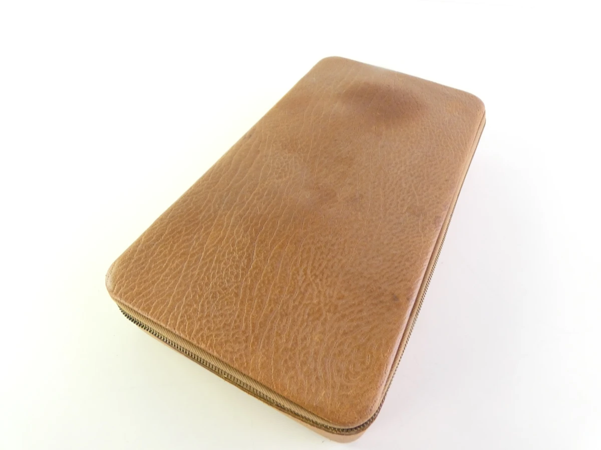 Vintage bruine leren manicure set in etui