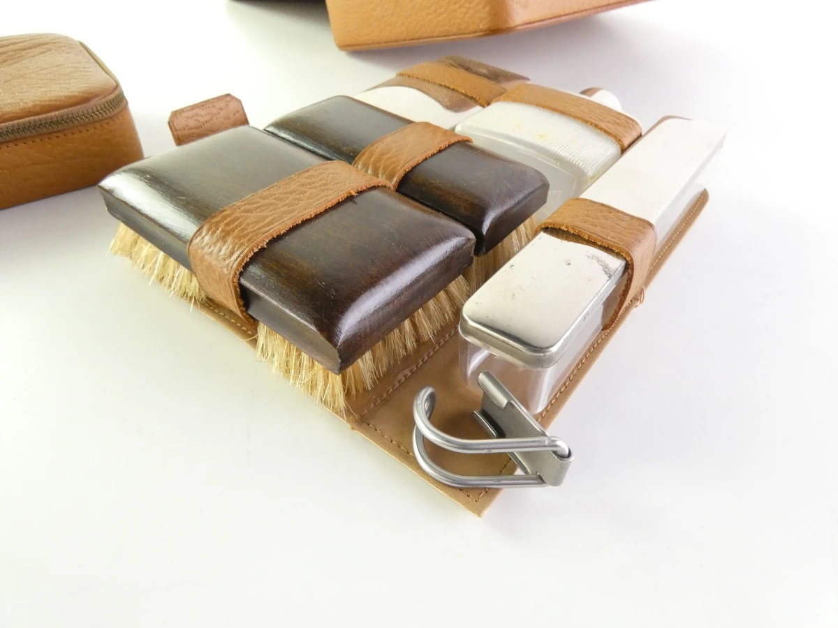 Vintage bruine leren manicure set in etui