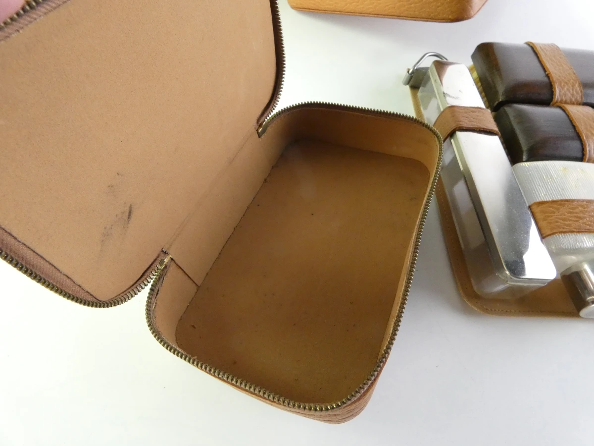 Vintage bruine leren manicure set in etui