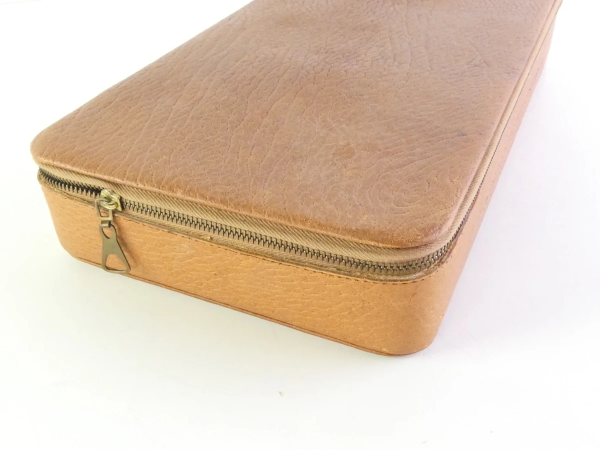 Vintage bruine leren manicure set in etui