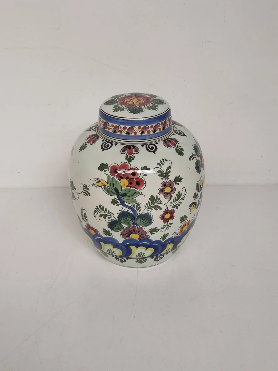 Prachtige Delfts Polychroom Gemberpot met Deksel – Handgeschilderd – Nr. 1124