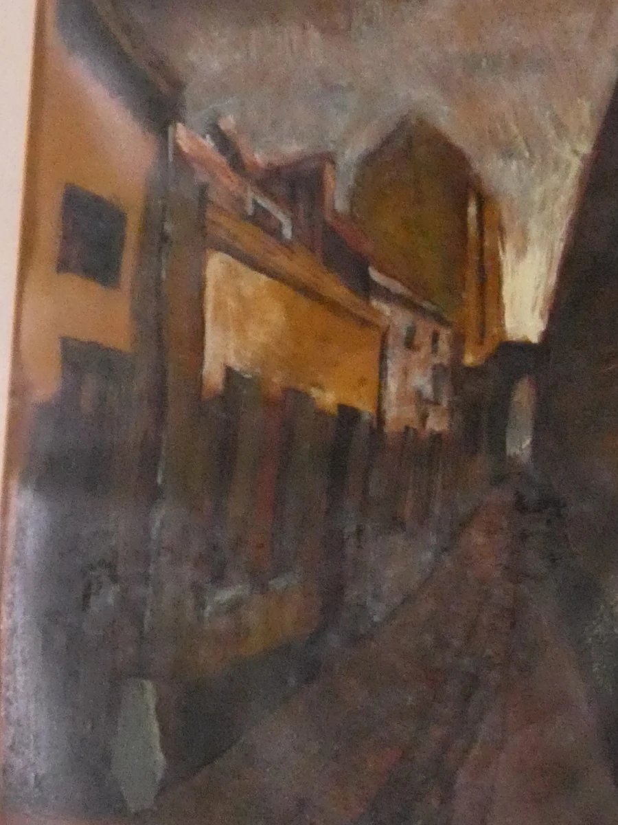 Olieverf kunstwerk-dorpsstraat uitzicht