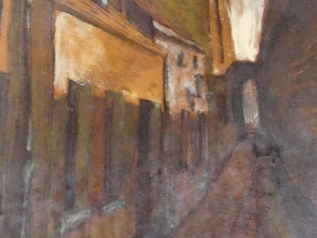 Olieverf kunstwerk-dorpsstraat uitzicht