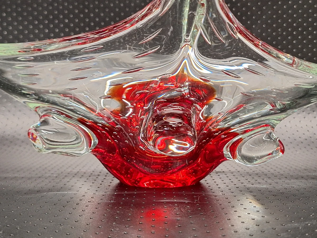 Vintage Murano-stijl glazen schaal - robijnrood bullicante kunstglas - foto 3