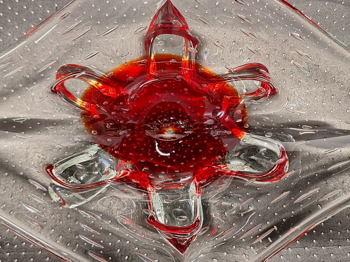 Vintage Murano-stijl glazen schaal - robijnrood bullicante kunstglas - foto 7