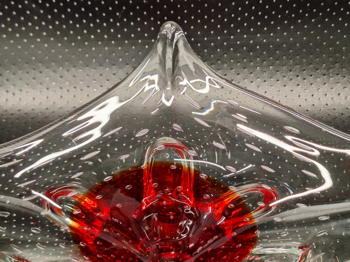 Vintage Murano-stijl glazen schaal - robijnrood bullicante kunstglas - foto 6