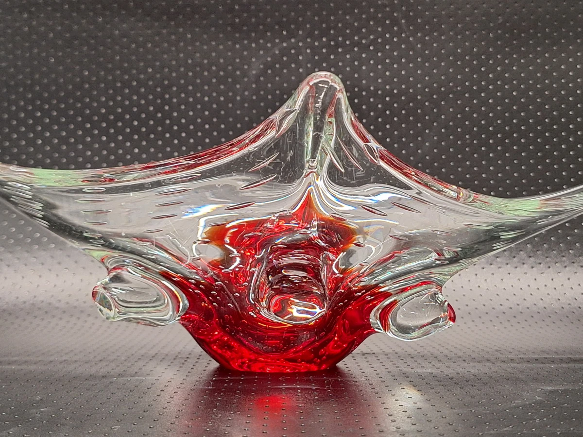 Vintage Murano-stijl glazen schaal - robijnrood bullicante kunstglas - foto 5