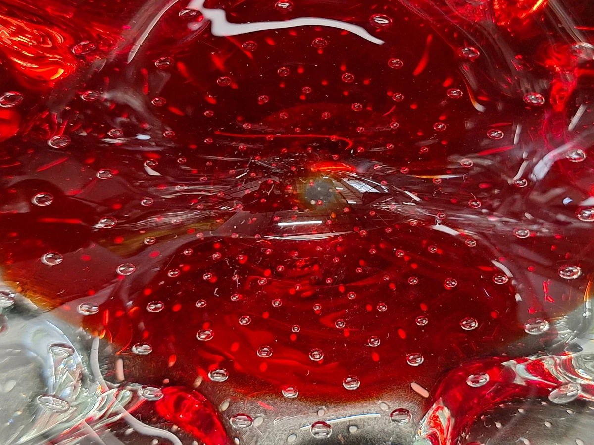 Vintage Murano-stijl glazen schaal - robijnrood bullicante kunstglas - foto 8
