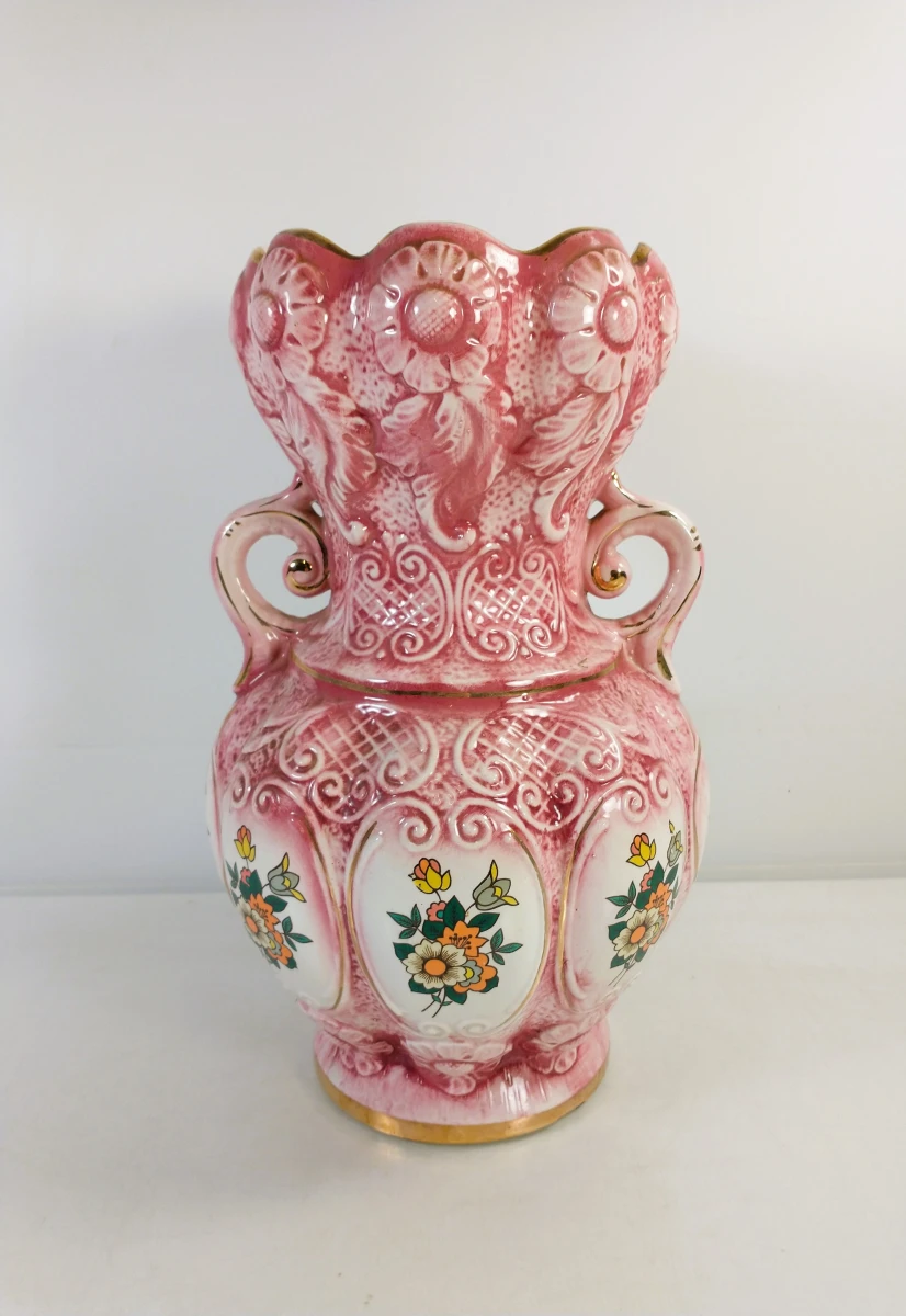 Vintage keramische siervaas met reliëfdecor en dubbele oren - foto 2