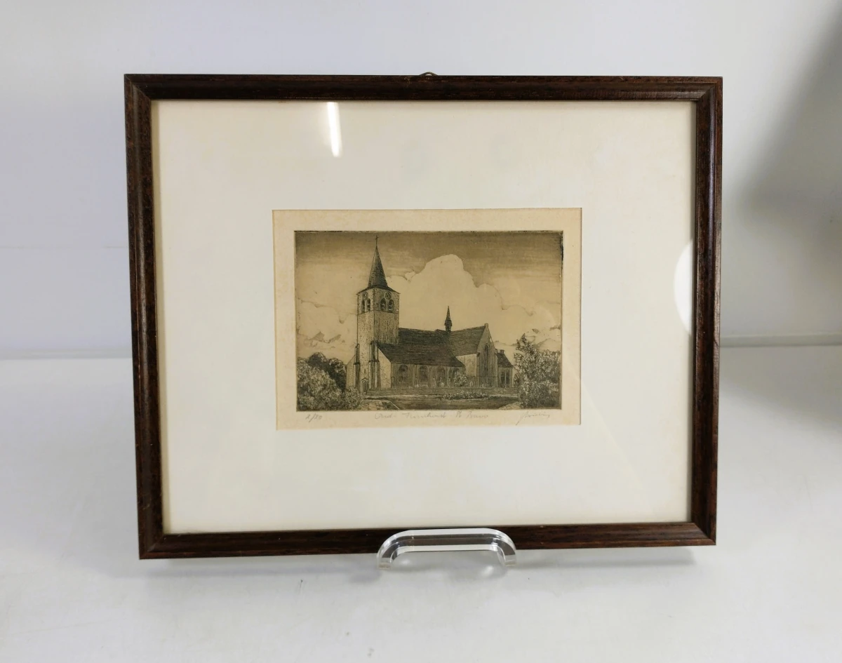 Lot van 2 ingelijste originele etsen van Oud-Turnhout en Corsendonck - foto 2