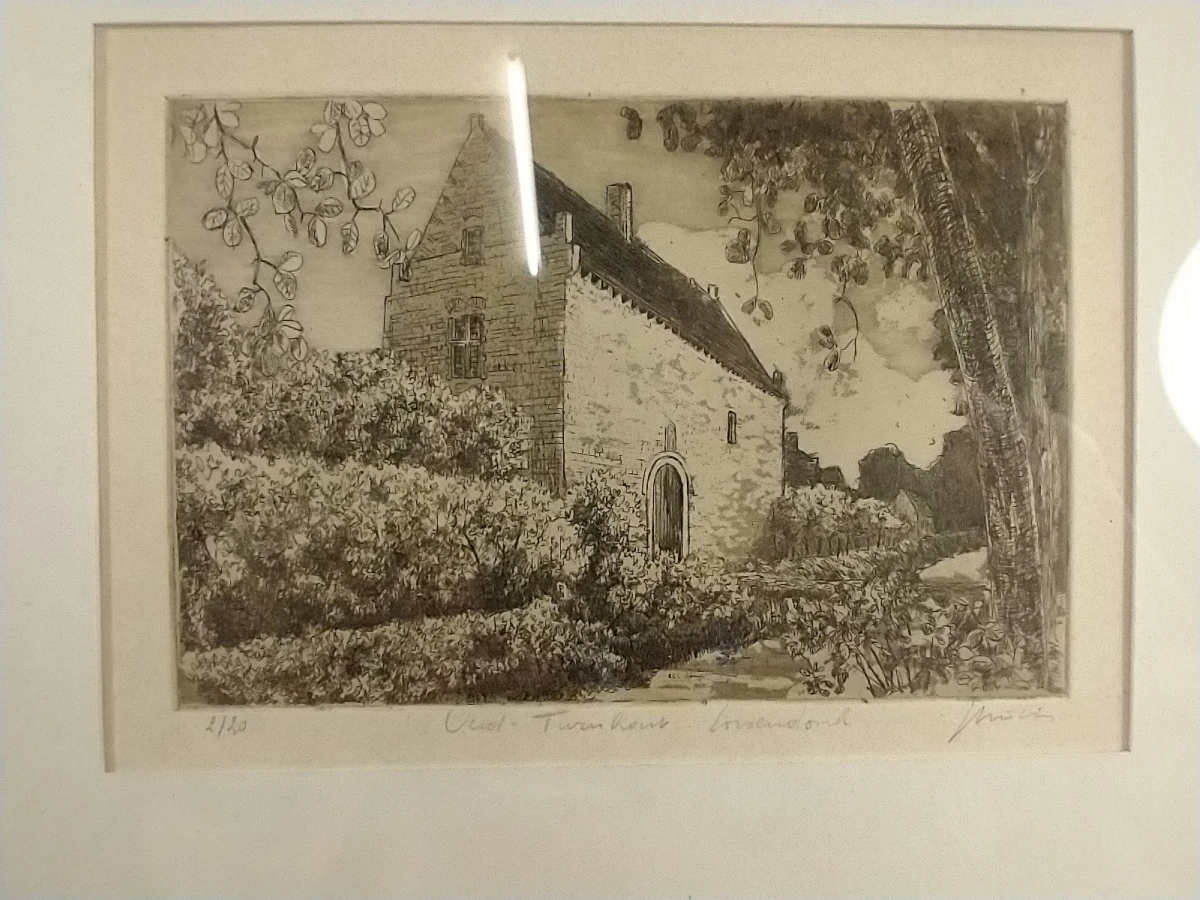 Lot van 2 ingelijste originele etsen van Oud-Turnhout en Corsendonck - foto 7
