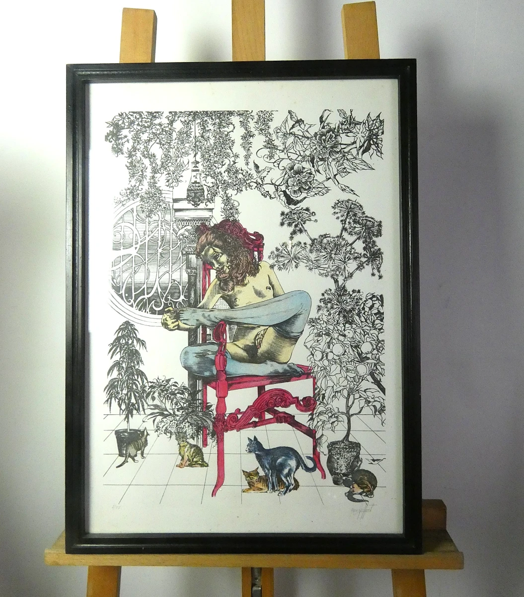 Gesigneerde litho 'Jeune fille aux chats' van Jean Goffart, 2/50