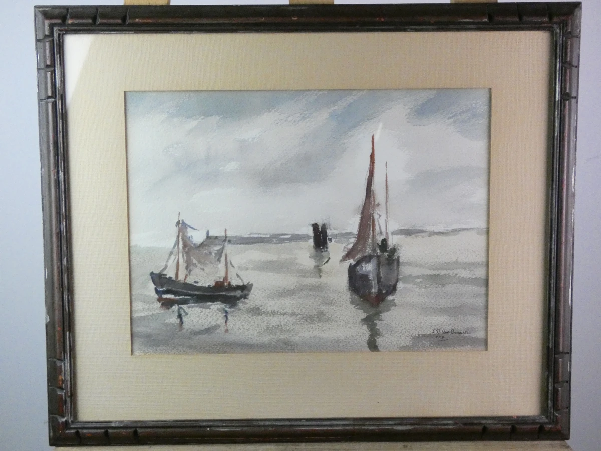 Aquarel zeilboten J.B. Van Genechten in lijst