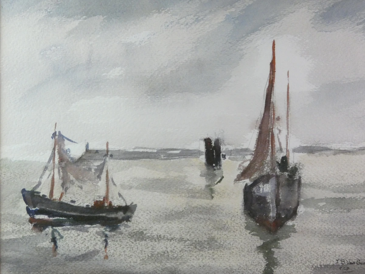Aquarel zeilboten J.B. Van Genechten in lijst