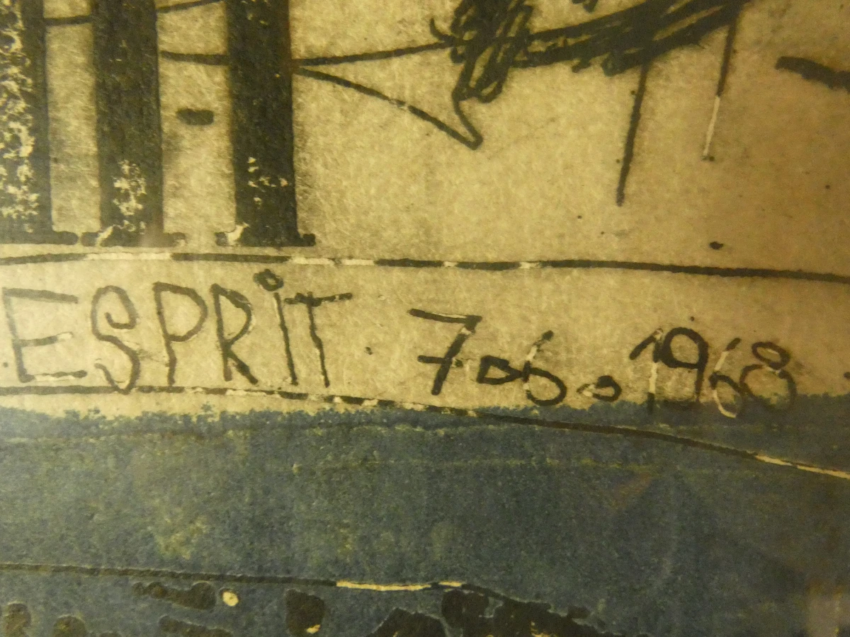 Ingelijste aquatint kunstprent 'L'Esprit' uit 1968, genummerd 1/4