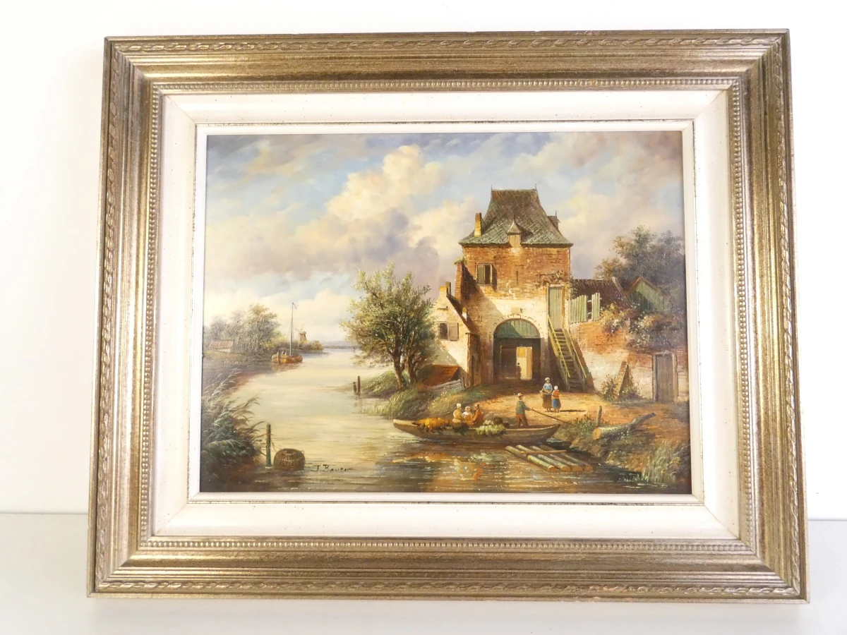 Schilderij met landschap en bootjes in houten lijst