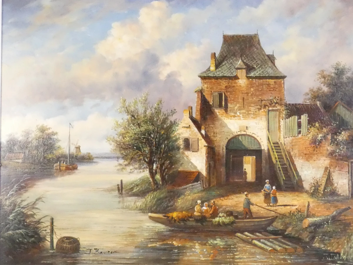 Schilderij met landschap en bootjes in houten lijst