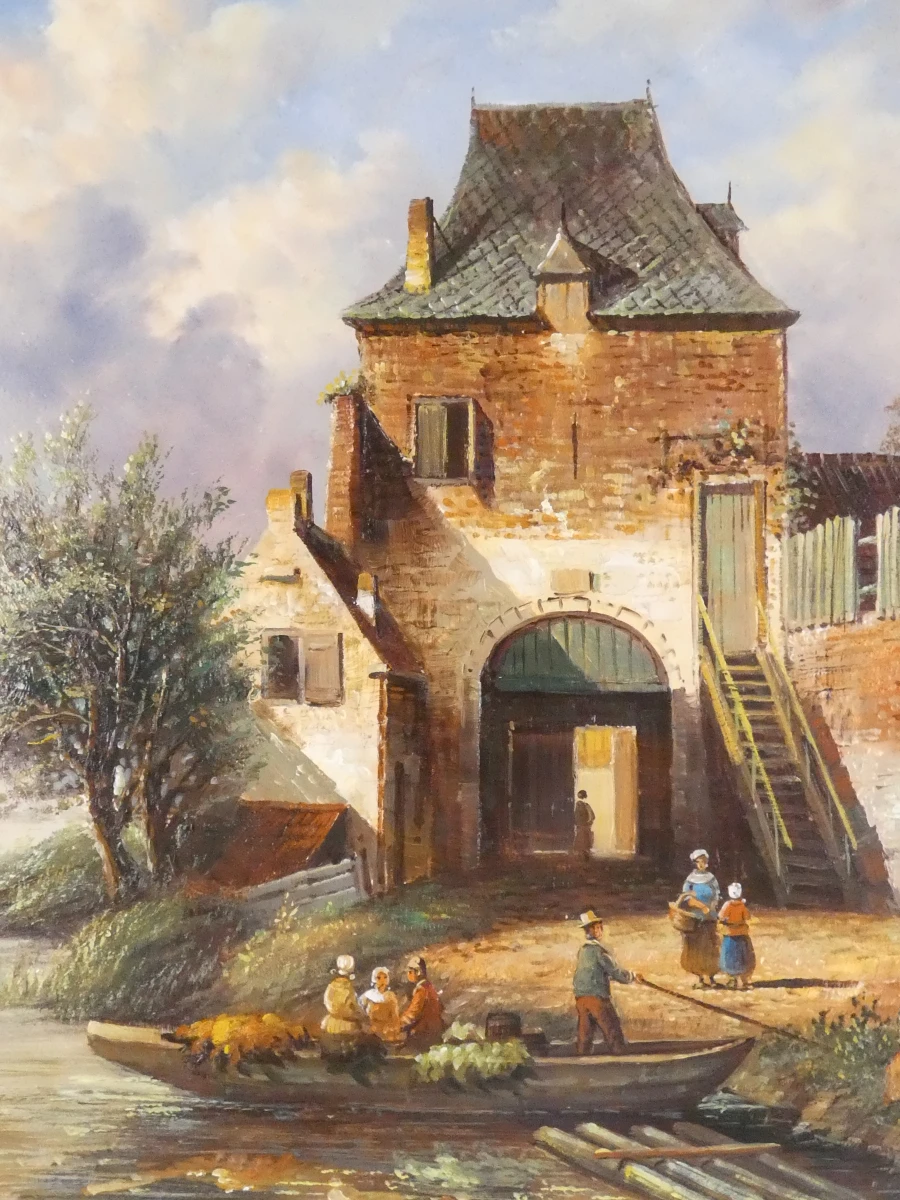Schilderij met landschap en bootjes in houten lijst