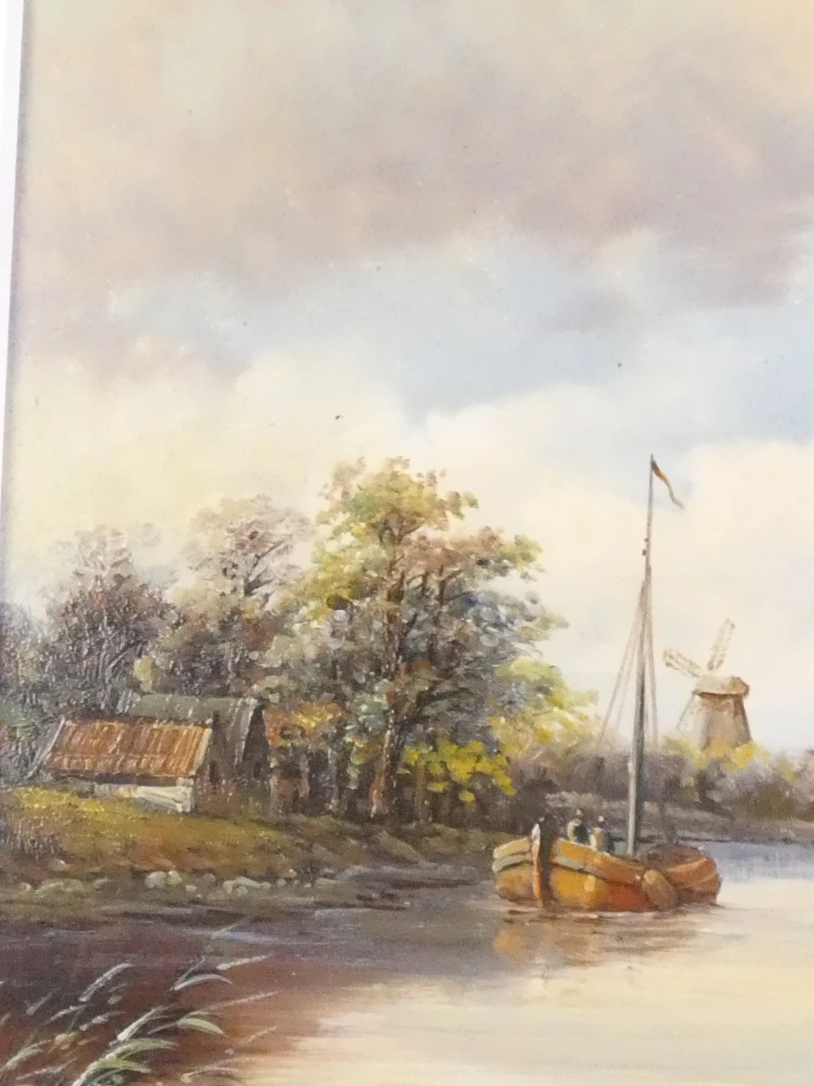 Schilderij met landschap en bootjes in houten lijst