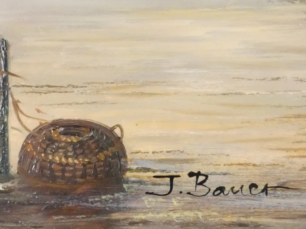 Schilderij met landschap en bootjes in houten lijst
