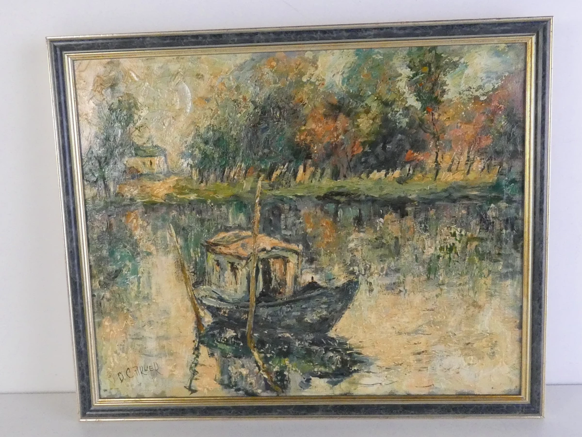 Olieverfschilderij met boot en landschap