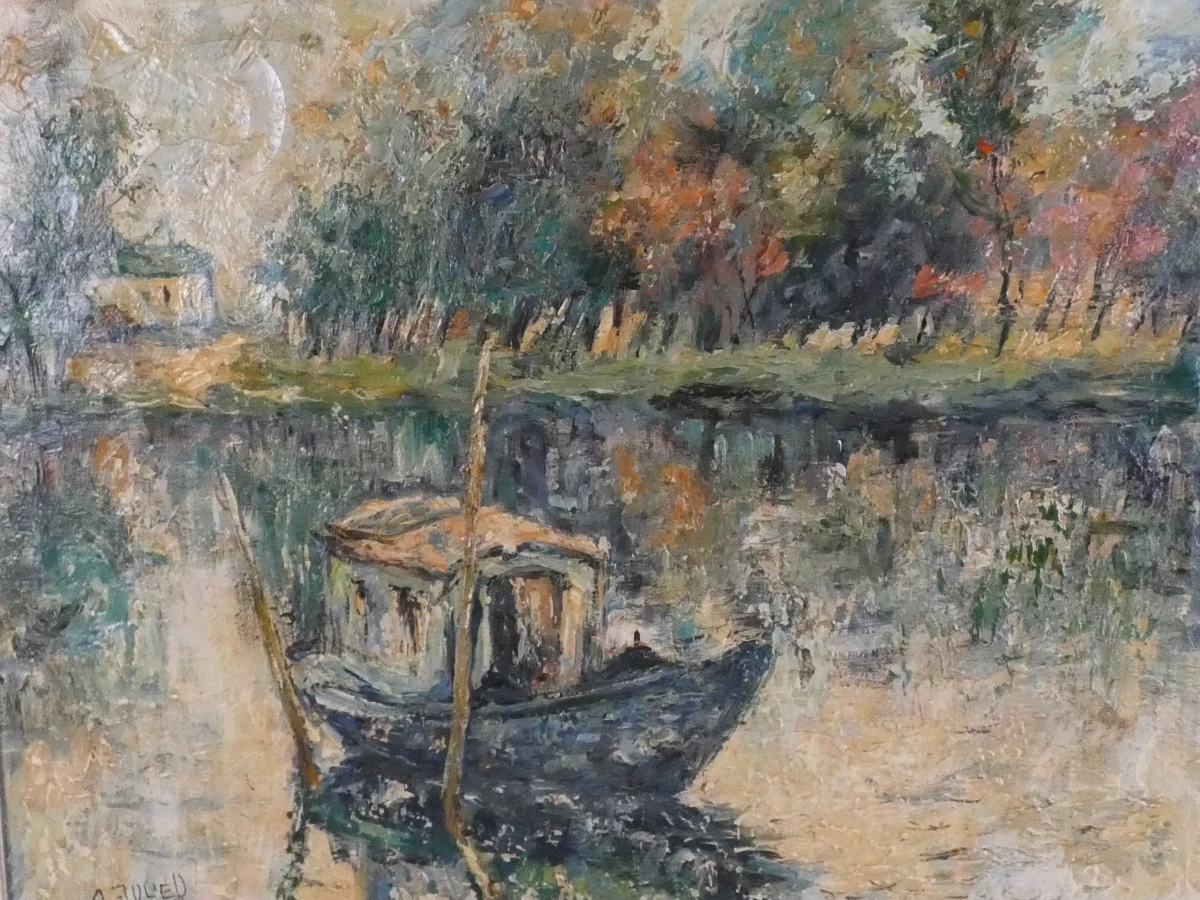 Olieverfschilderij met boot en landschap