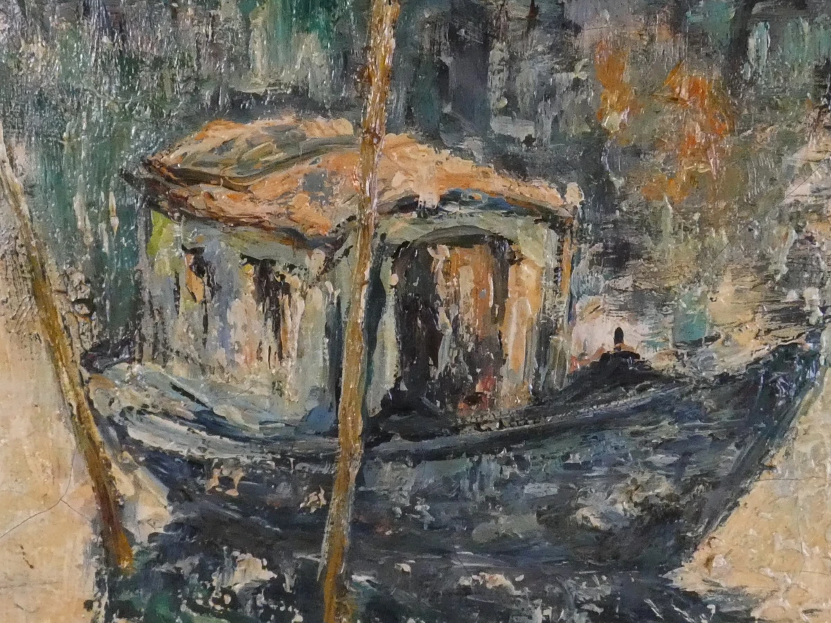 Olieverfschilderij met boot en landschap