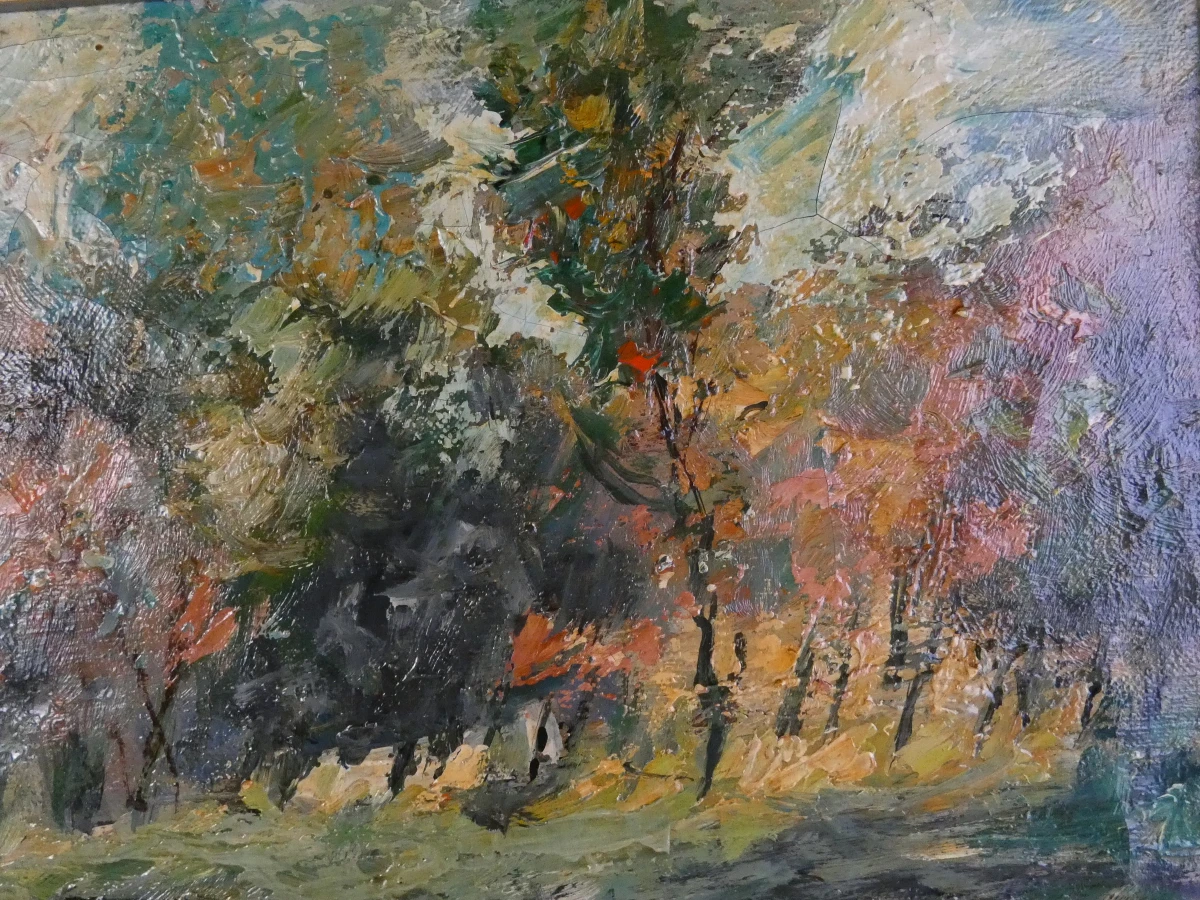 Olieverfschilderij met boot en landschap