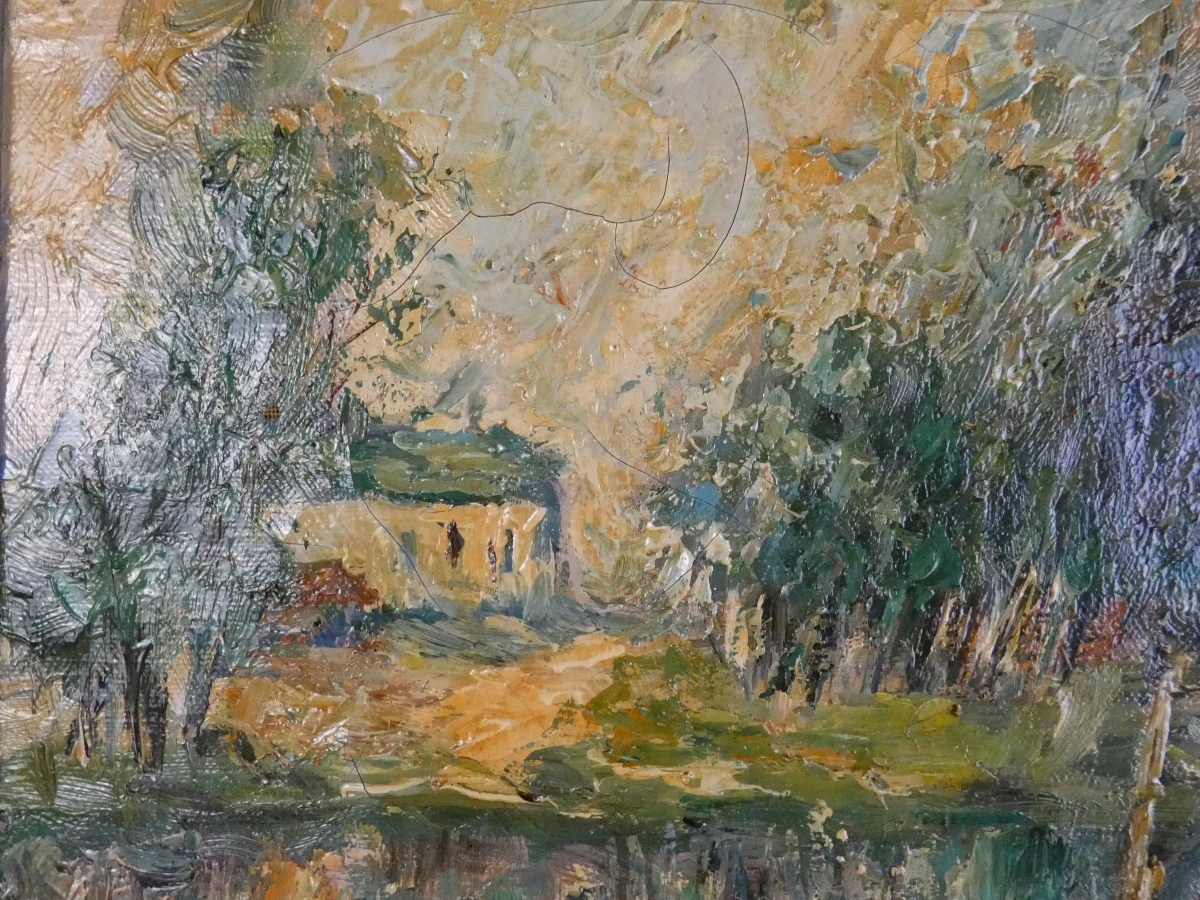 Olieverfschilderij met boot en landschap