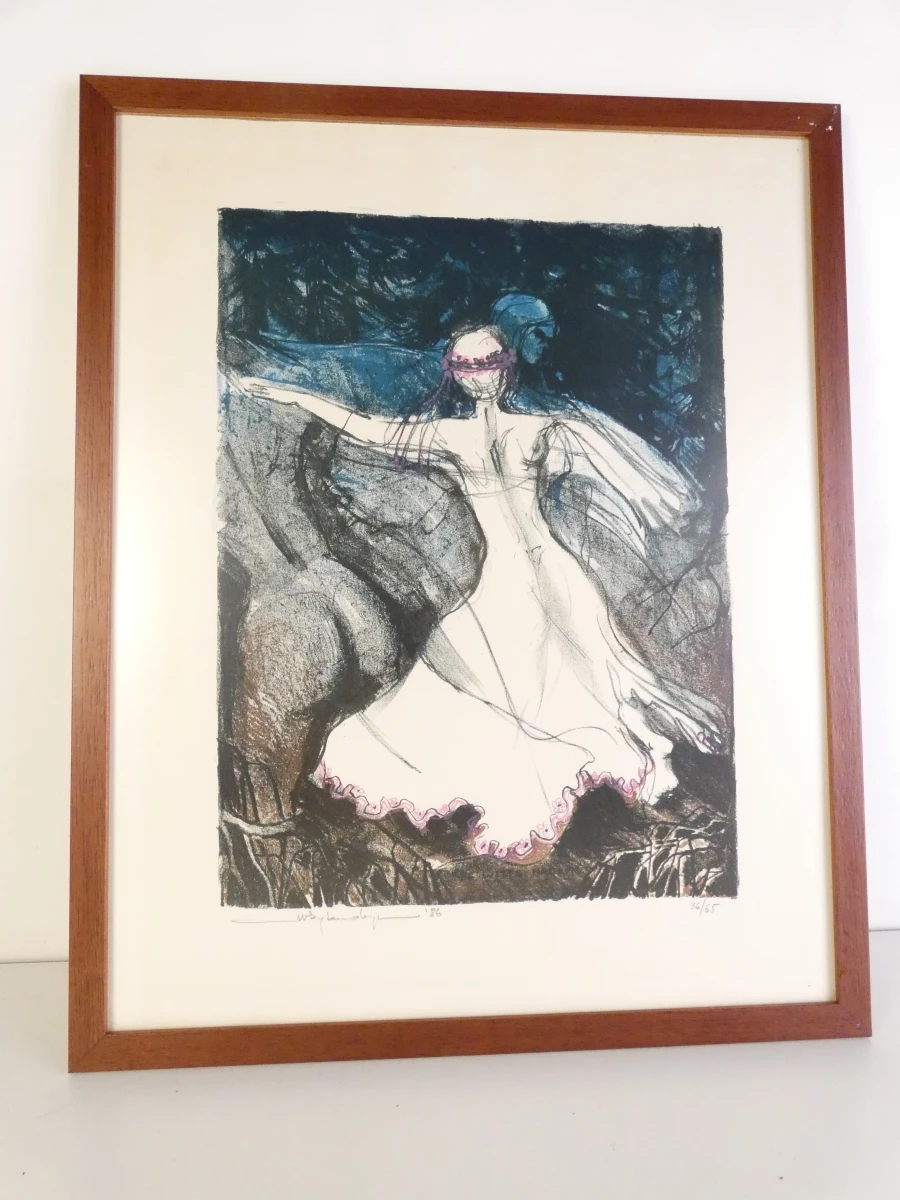 Gesigneerde ingelijste litho van dansende vrouw, 36/65