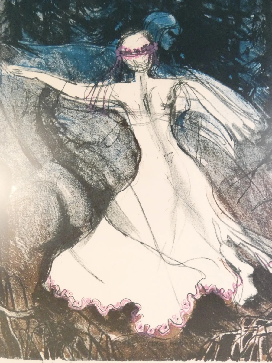 Gesigneerde ingelijste litho van dansende vrouw, 36/65
