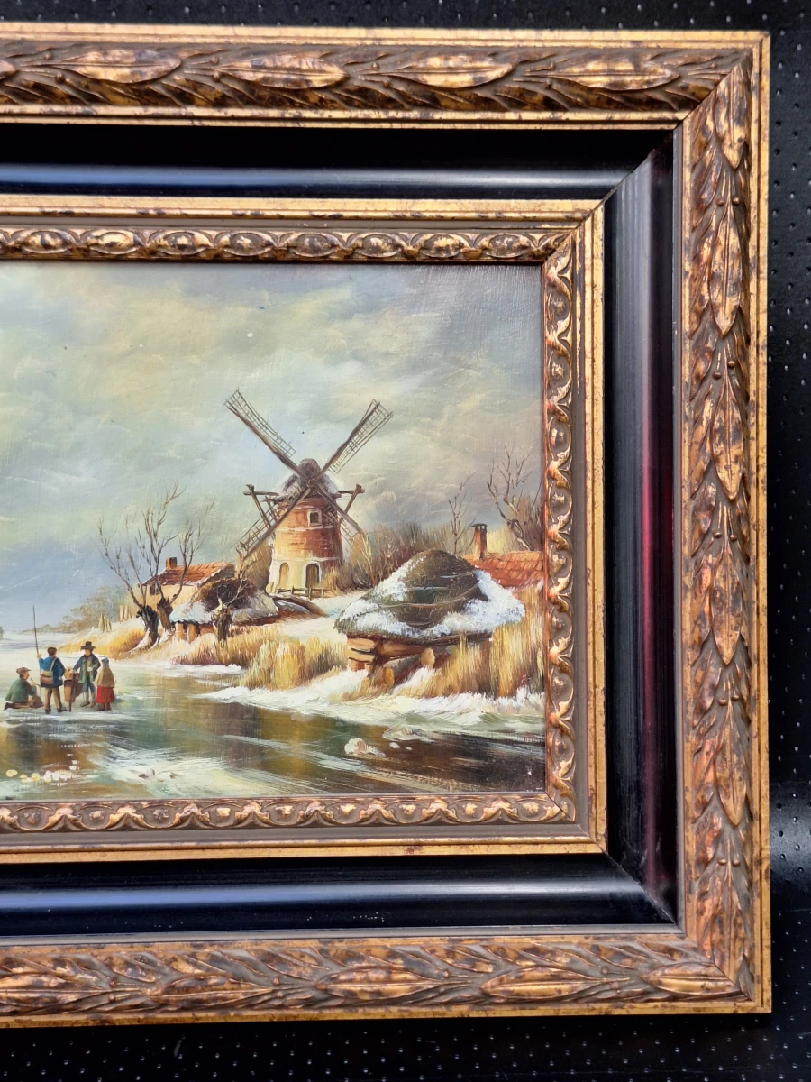 Romantisch Hollands winterlandschap met molen en ijsvissers - olieverf op paneel - foto 8