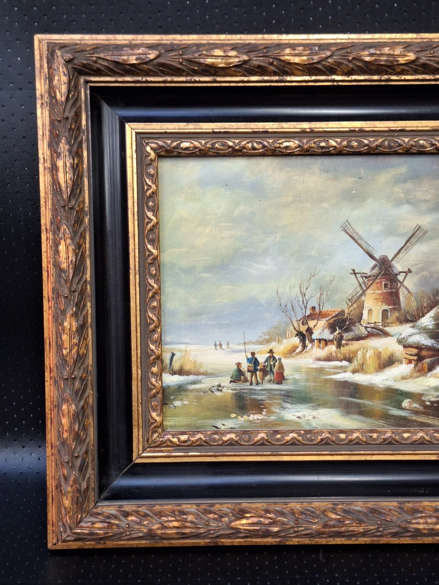 Romantisch Hollands winterlandschap met molen en ijsvissers - olieverf op paneel - foto 7