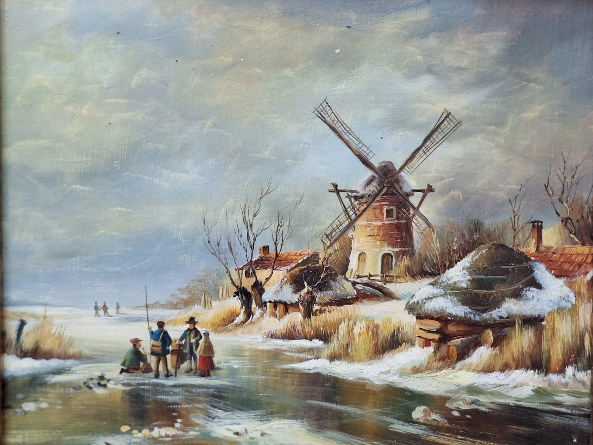 Romantisch Hollands winterlandschap met molen en ijsvissers - olieverf op paneel - foto 2
