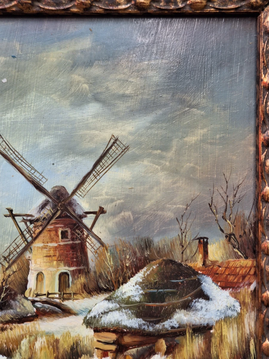 Romantisch Hollands winterlandschap met molen en ijsvissers - olieverf op paneel - foto 6