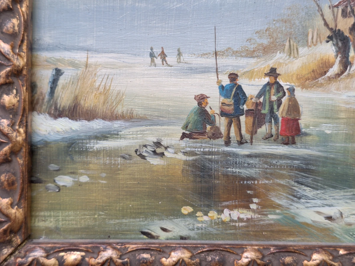 Romantisch Hollands winterlandschap met molen en ijsvissers - olieverf op paneel - foto 4